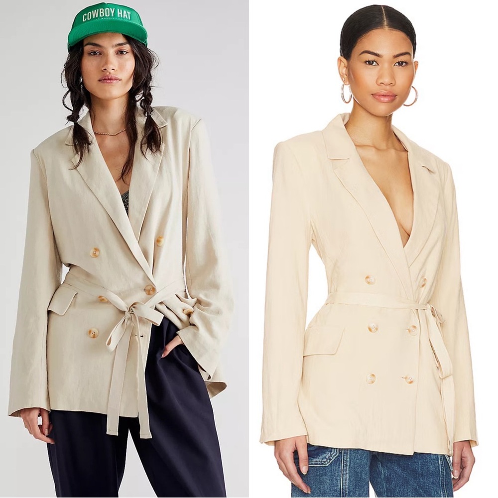 Free People Olivia Tie Waist Linen Blend Blazer Size Medium NWT Sand Pebble